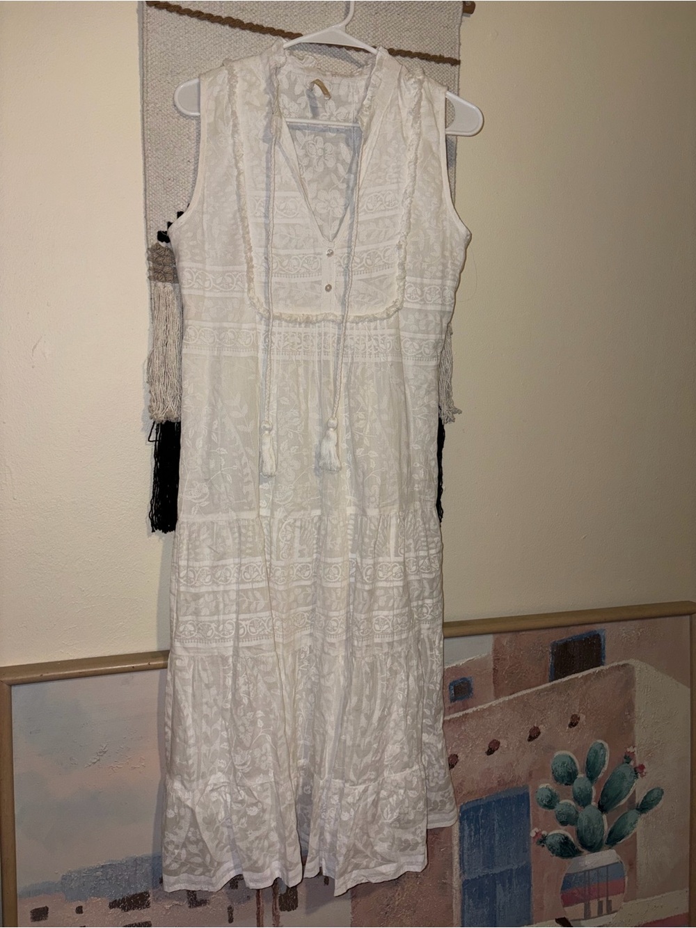 Boho White Sleeveless Maxi Dress with Tassel Tie